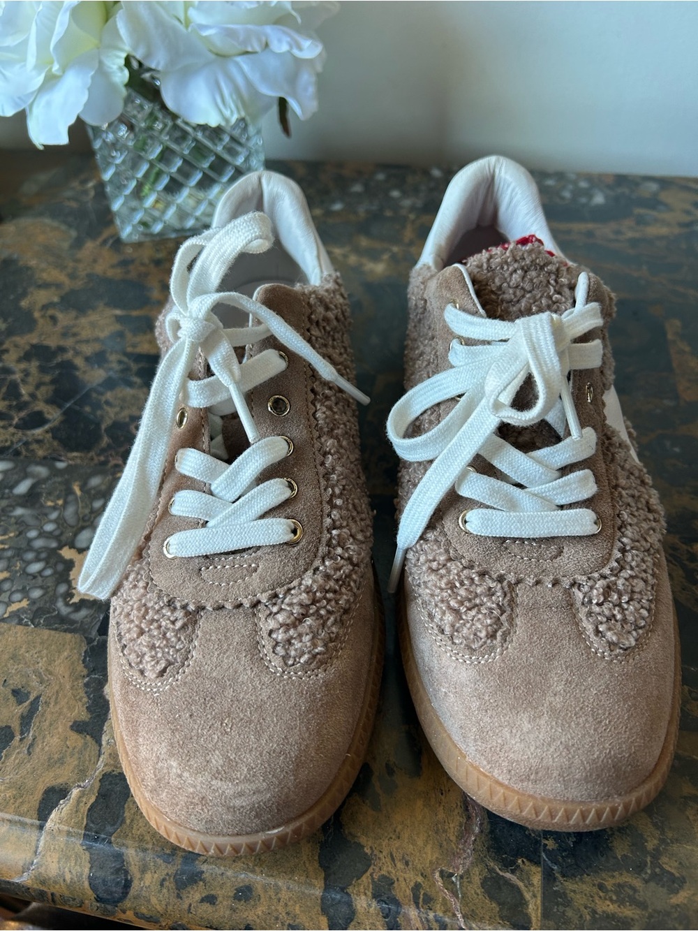 Women's Taupe Suede and Shearling Lace-Up Sneakers